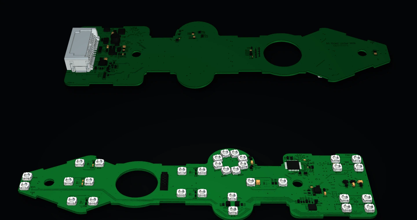 Two CAD-derived views of the KA0042 Centre Console PCB, with the populated top face below and underside above.