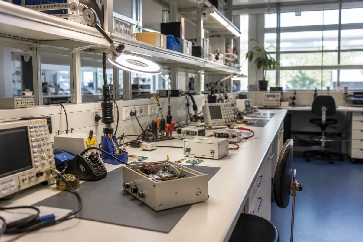 Illustrative placeholder of an electronics engineering workspace; not approved Kinishi photography