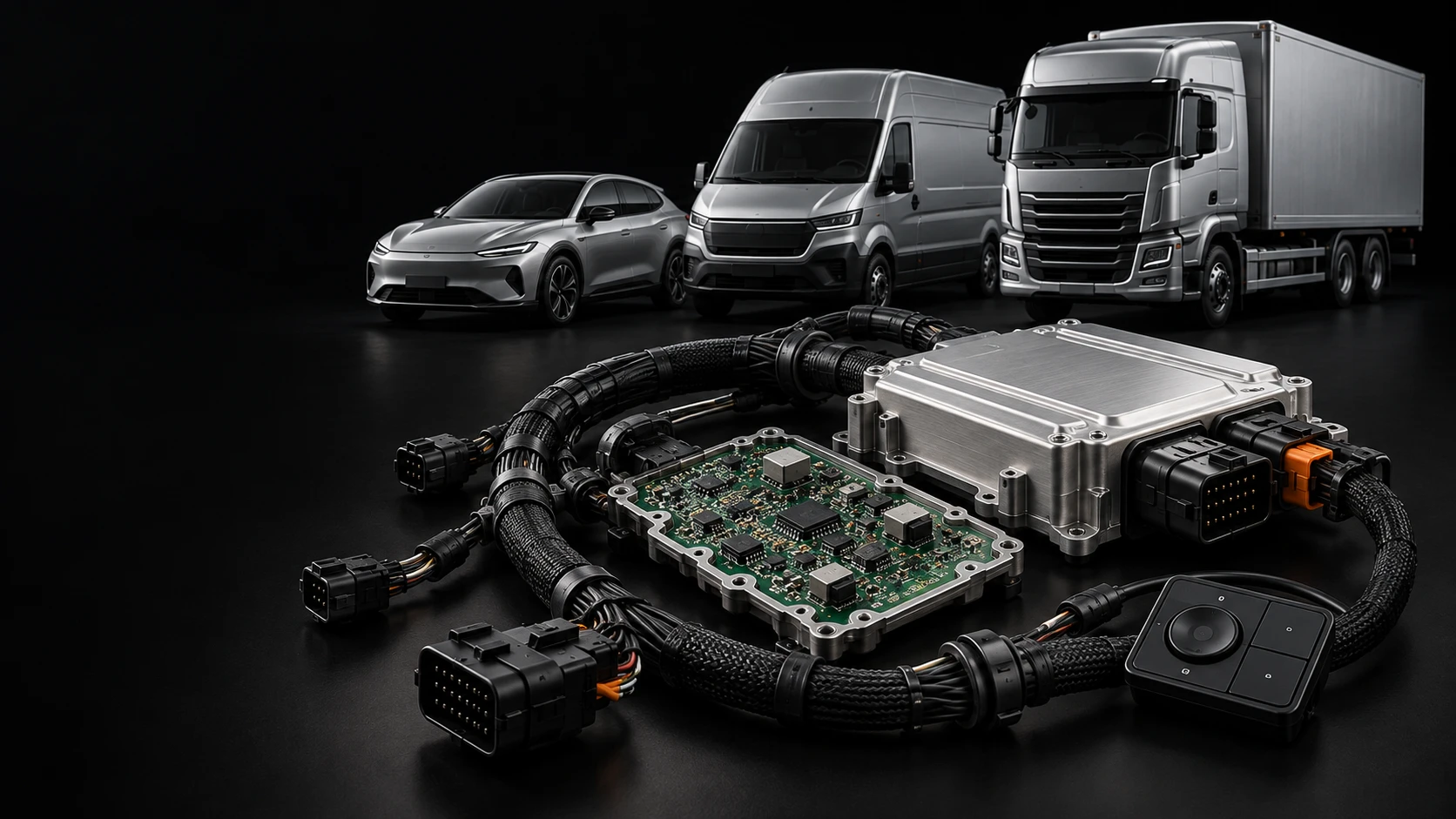 Illustrative automotive electronics and wiring, with passenger car, van and heavy truck forms in the background.