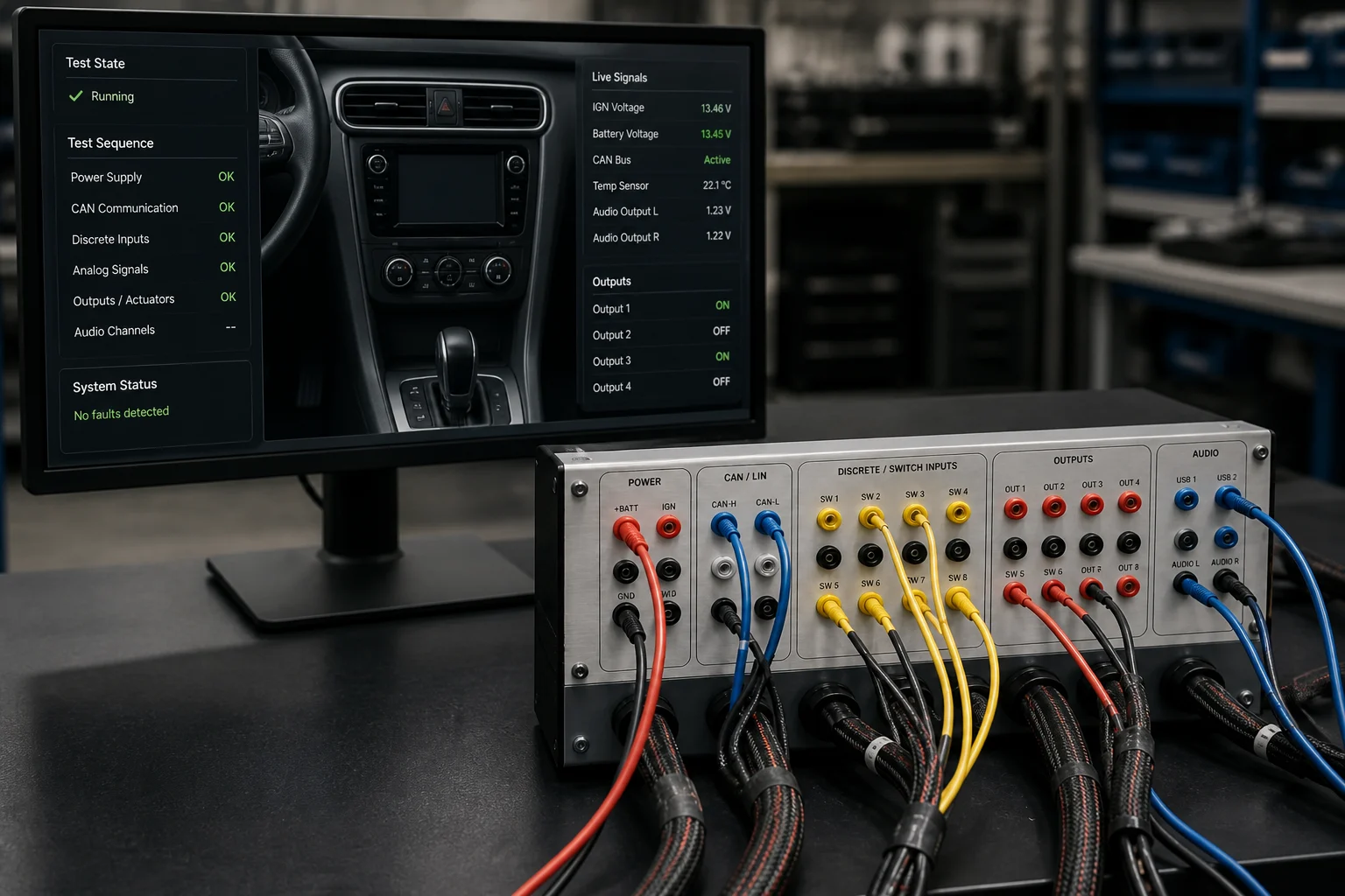 Functional-test workstation with a centre-console status display and a breakout box connected by colour-coded test leads.