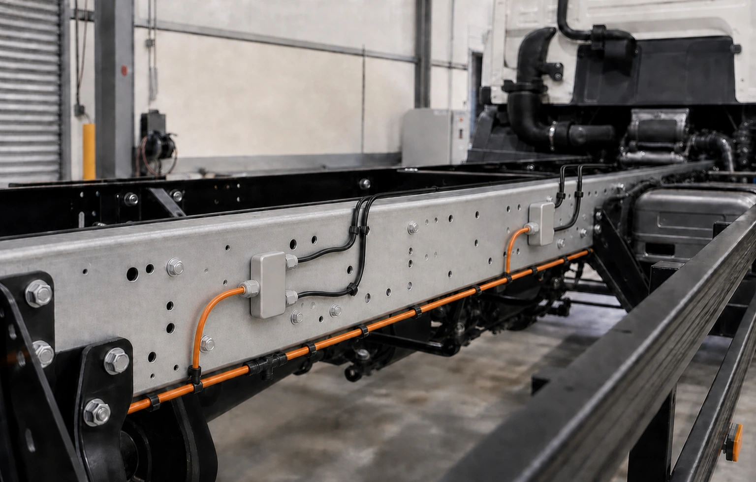 Illustrative commercial-vehicle chassis with aluminium sensor input modules, a single orange bus cable and black sensor leads