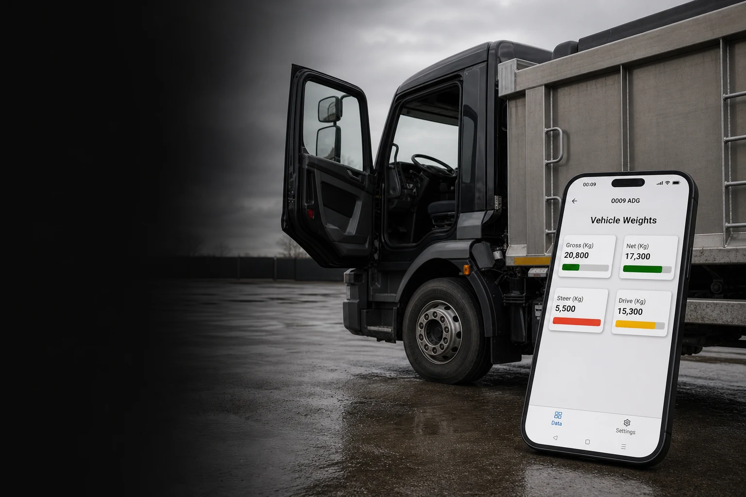 Illustrative fleet vehicle with its cab open and a phone showing the onboard weighing app