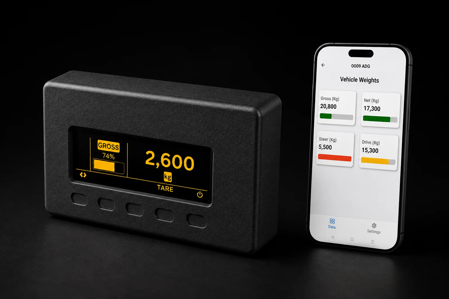 Kinishi onboard-weighing display and a phone showing the Onboard app, presented together on a black studio field